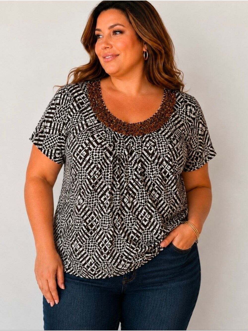 NWT Style & Co Brown Beaded Neck Printed Peasant Blouse 18W NWT Brown Boho Top - Picture 7 of 7